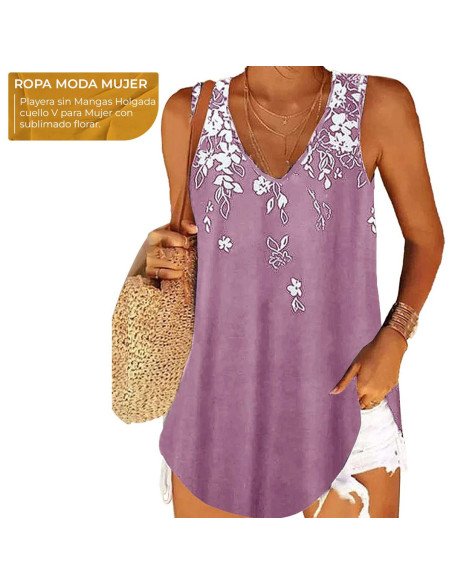 Moda plus blusa de tirantes con estampado floral para dama al mayoreo ofrece LHESH – ID 43588 púrpura