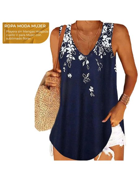 Moda plus blusa de tirantes con estampado floral para dama al mayoreo ofrece LHESH – ID 43591 marino