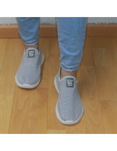 Tenis Slip-On Plateados con Brillos para Dama al Mayoreo