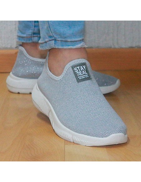 Tenis Slip-On Plateados con Brillos para Dama al Mayoreo